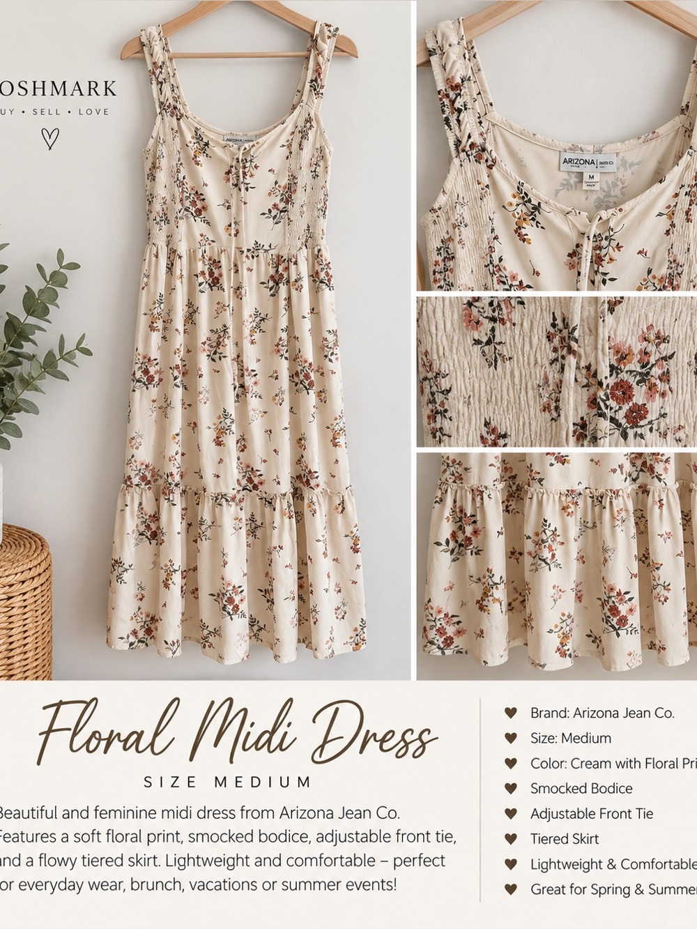 Arizona Jean Co Floral Smocked Midi Dress Cream Size Large